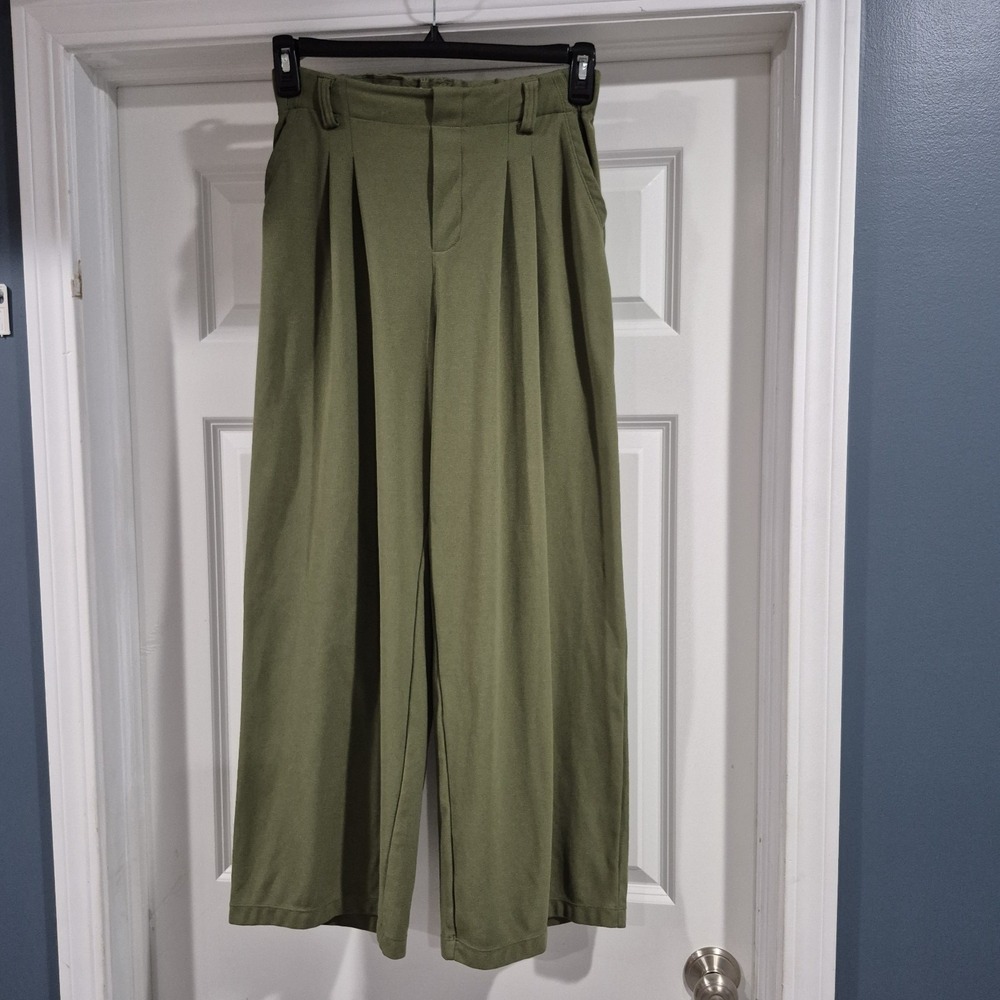 Halara Pants Womens Small Olive Green Waffle Knit Wide Leg Pleated Work Office